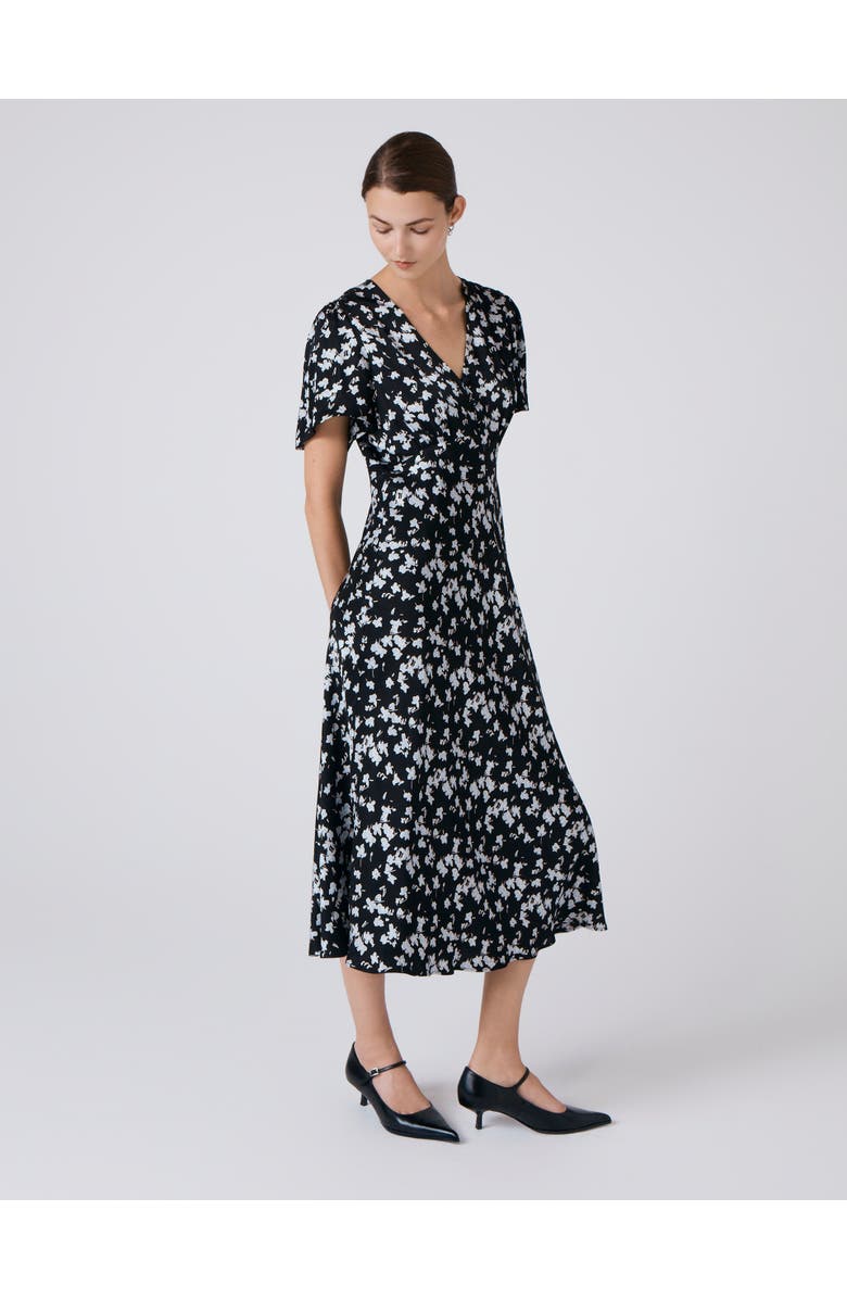 Ghost London Elizabeth Floral Satin Midi Tea Dress, Alternate, color, Black Floral