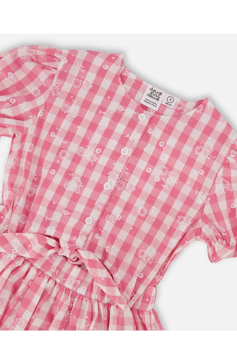 Deux par Deux Girl's Puff Sleeve Dress With Waist Tie Pink And White Checks, Alternate, color, Pink And White Checks