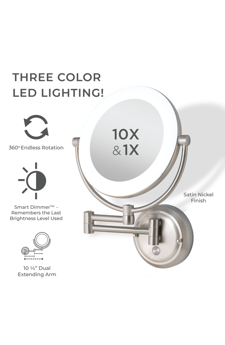 Zadro Lexington Lighted Wall Mounted Makeup Mirror with 10X/1X Magnification, Alternate, color, Satin Nickel