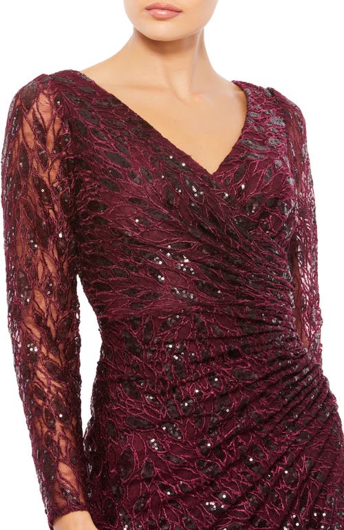 Mac Duggal Long Sleeve Ruched Sequined V-neck Gown In Burgundy