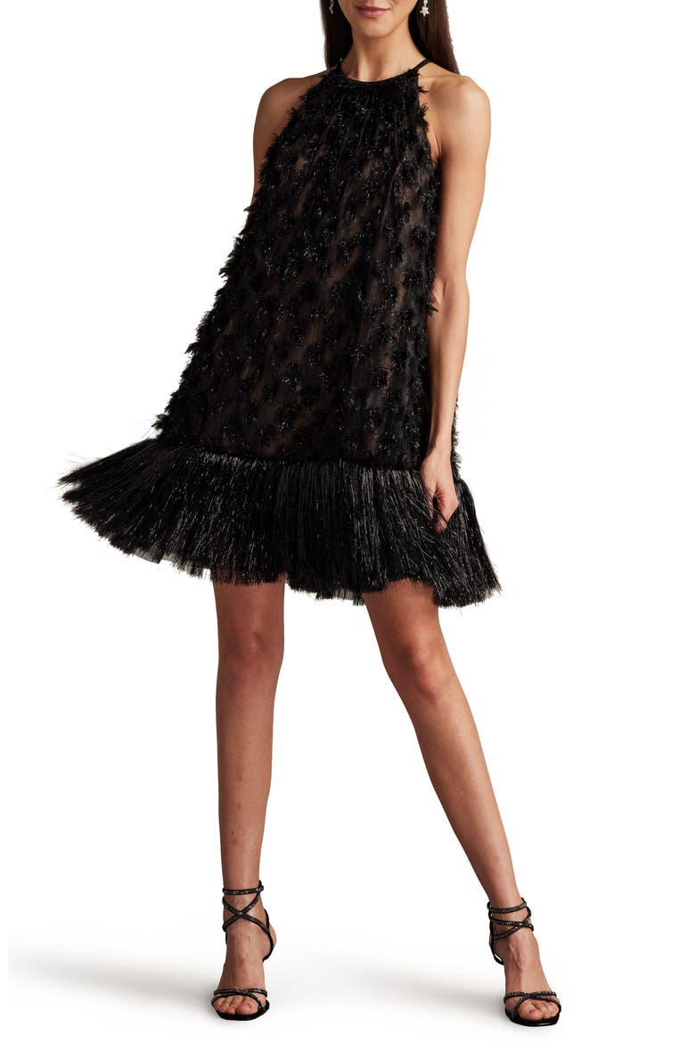 Metallic Fringe Sleeveless Trapeze Dress, Main, color, BLACK