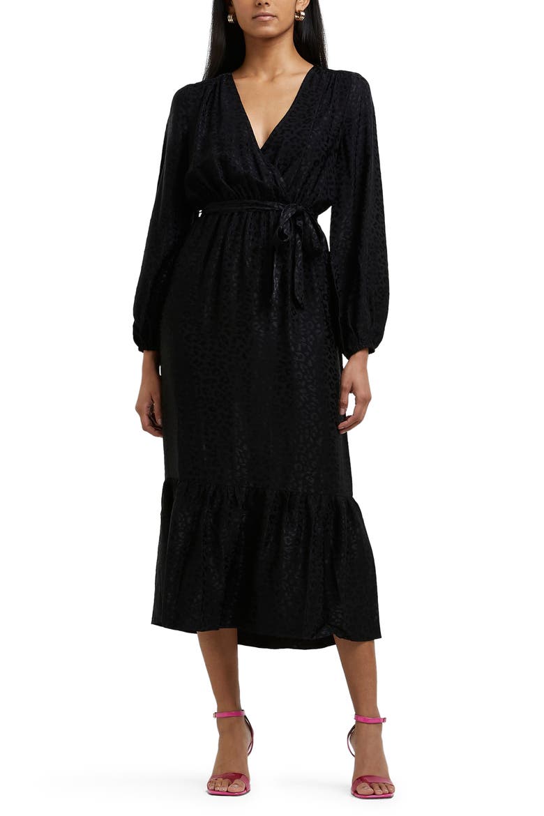 Long Sleeve Jacquard Wrap Dress, Main, color, BLACK