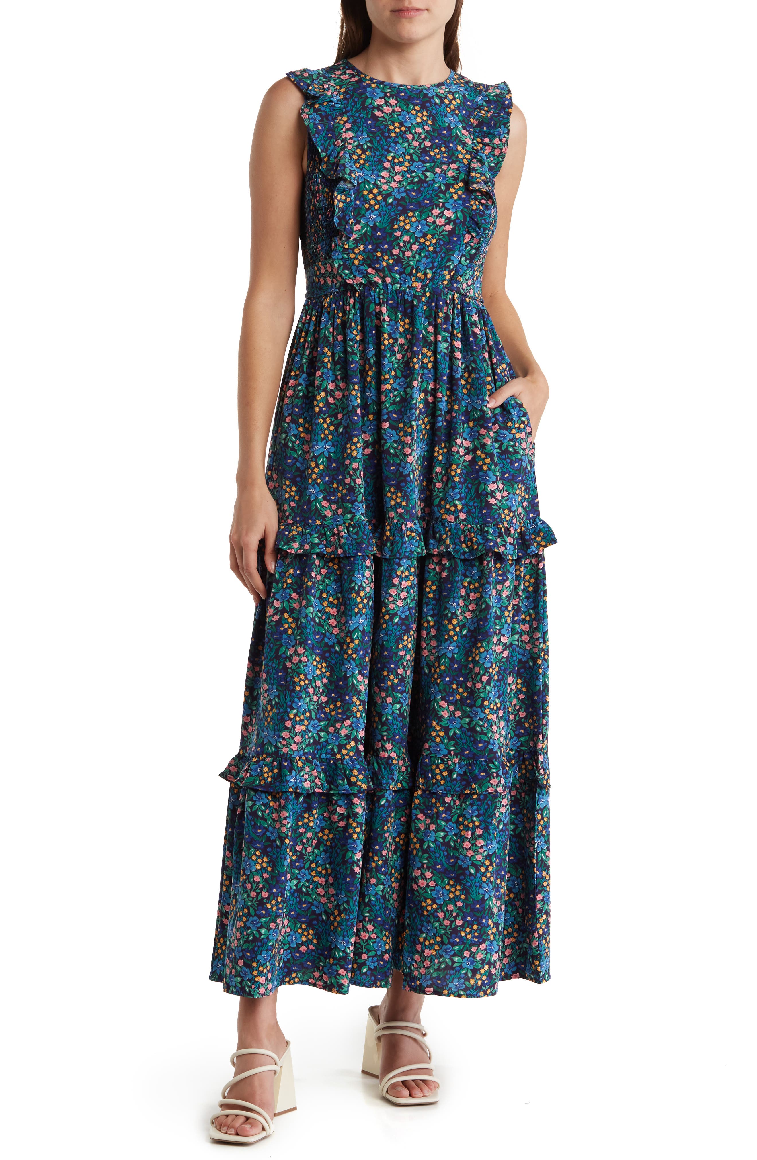 MELLODAY Smocked Mock Neck Tiered Maxi Dress