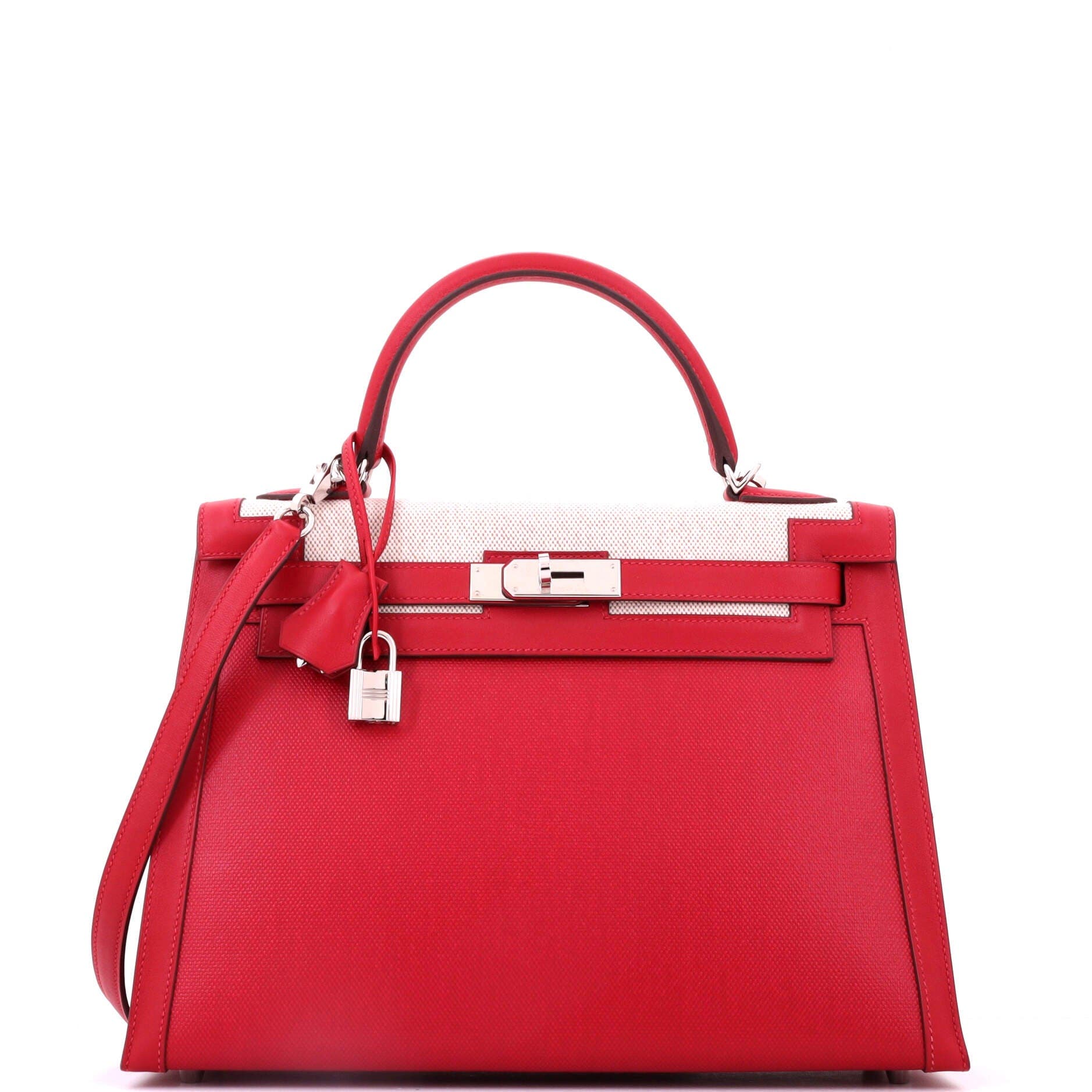 Kelly Handbag Red Berline Vache Canvas with Swift and Toile with Palladium Hardware 32, Main, color, Red