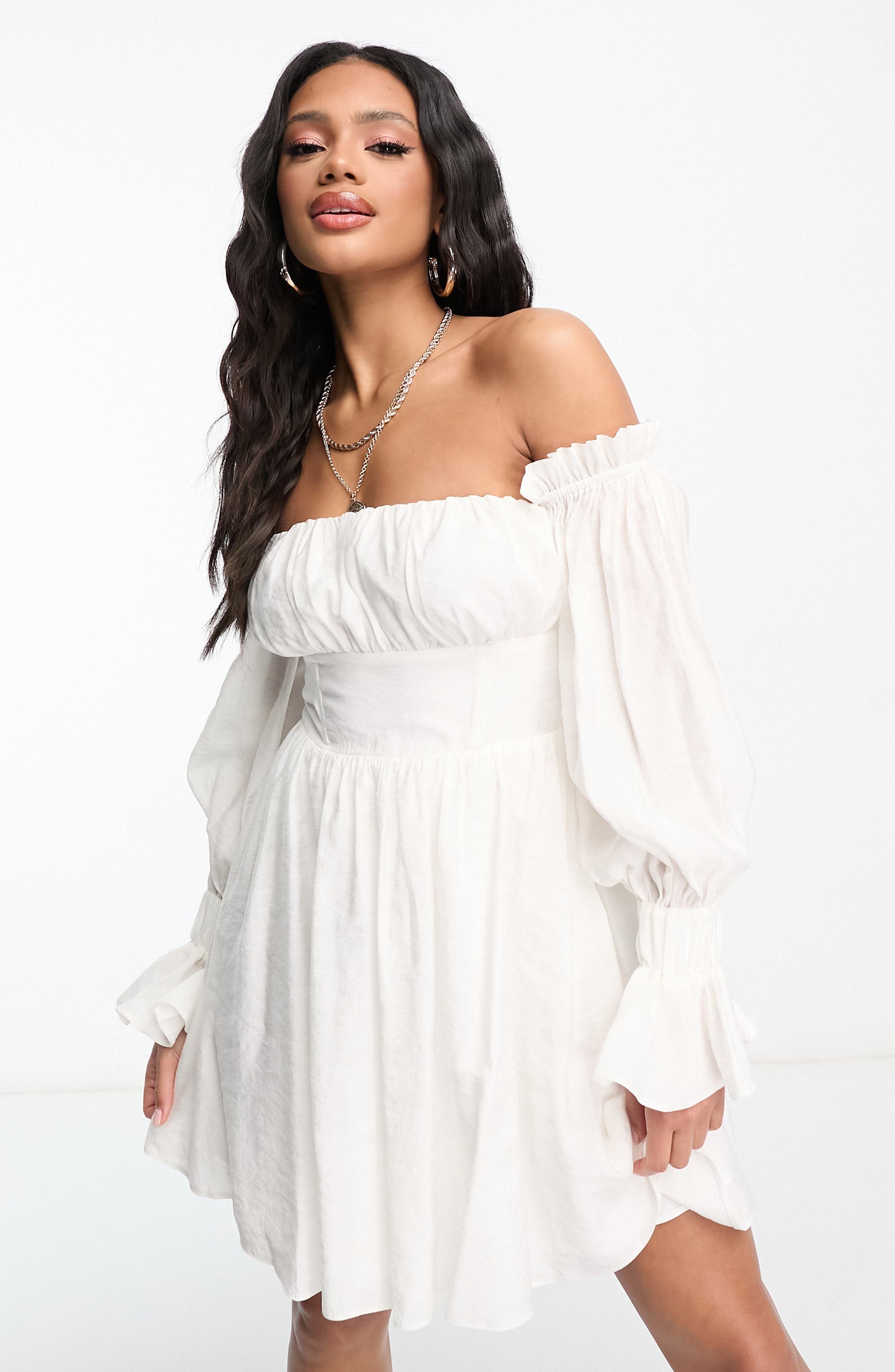 Off Shoulder Long Sleeve Overfold Mini Dress main image 1
