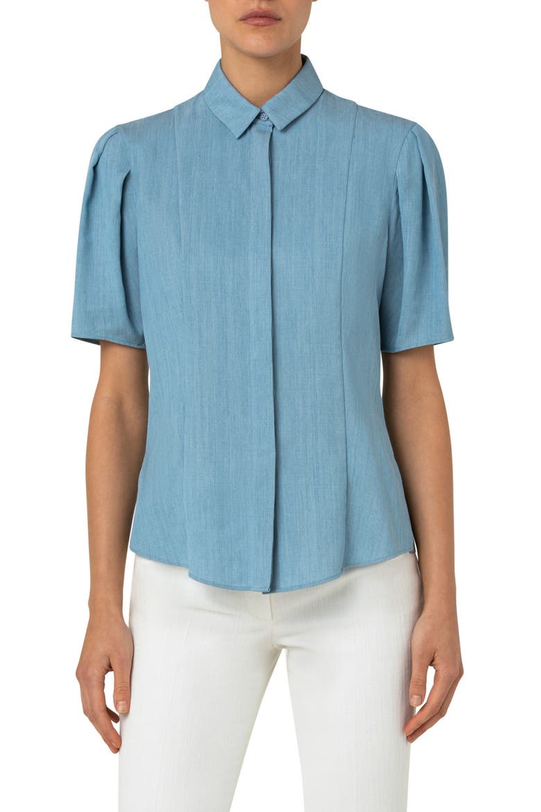 Puff Sleeve Cotton Chambray Button-Up Blouse, Main, color, BLEACHED DENIM