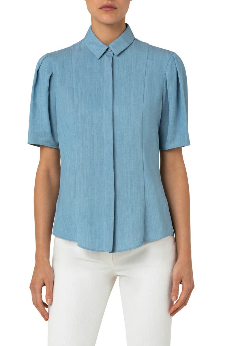 Akris punto Puff Sleeve Cotton Chambray Button-Up Blouse, Main, color,