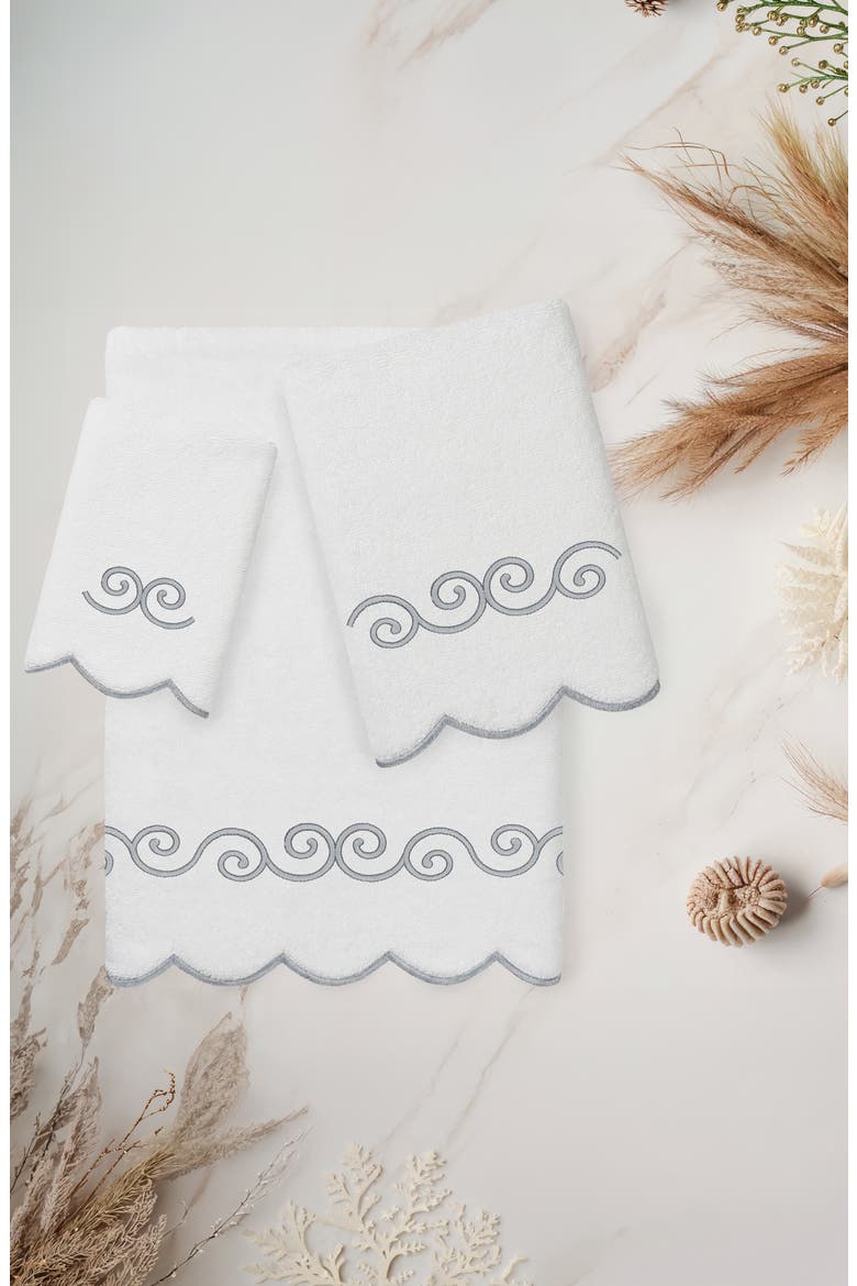 3-Piece Symmetra Embroidered Turkish Cotton Towel Set, Alternate, color, WHITE/ GRAY