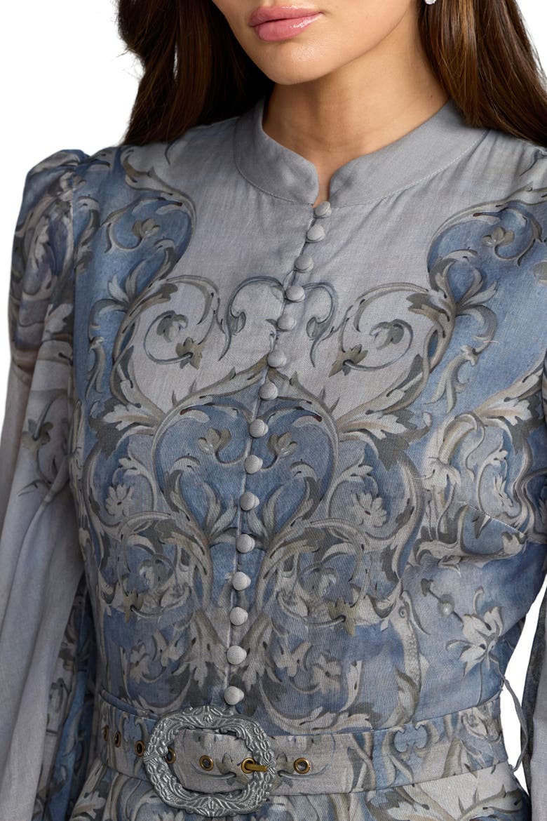 Bishop Sleeve Printed Cotton A-Line Dress, Alternate, color, Slate Blue