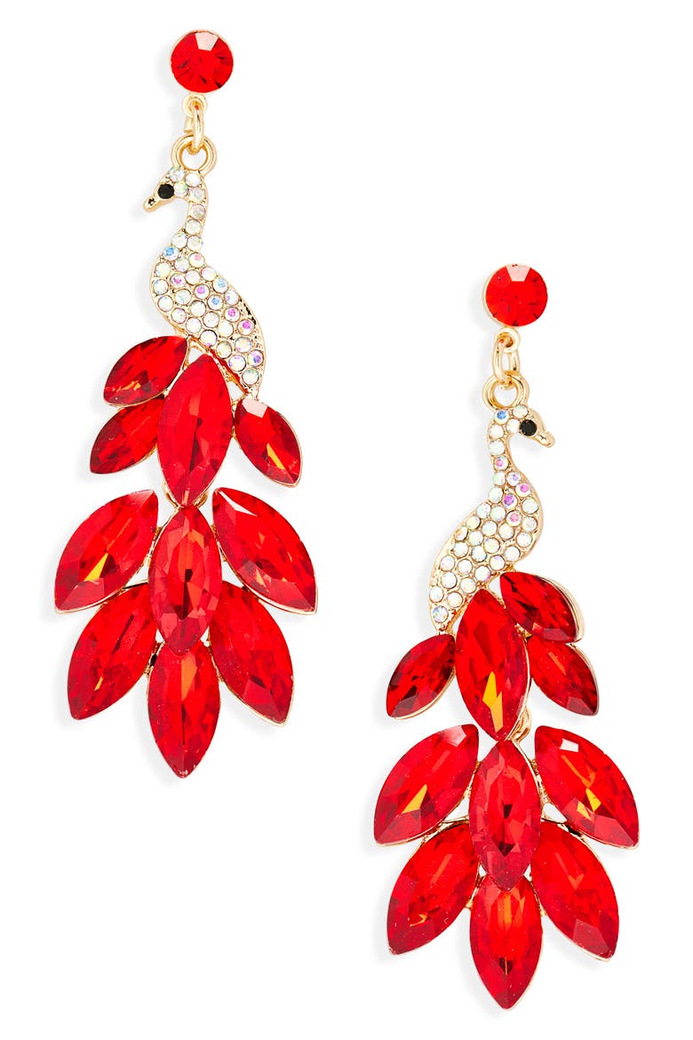 Peacock Dangle Drop Earrings, Main, color, RED