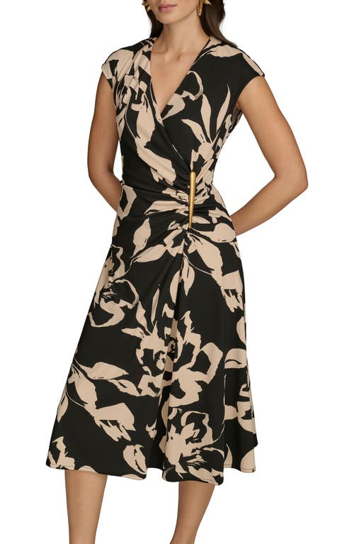 Donna Karan New York Ruched Floral Dress In Black/sand Multi