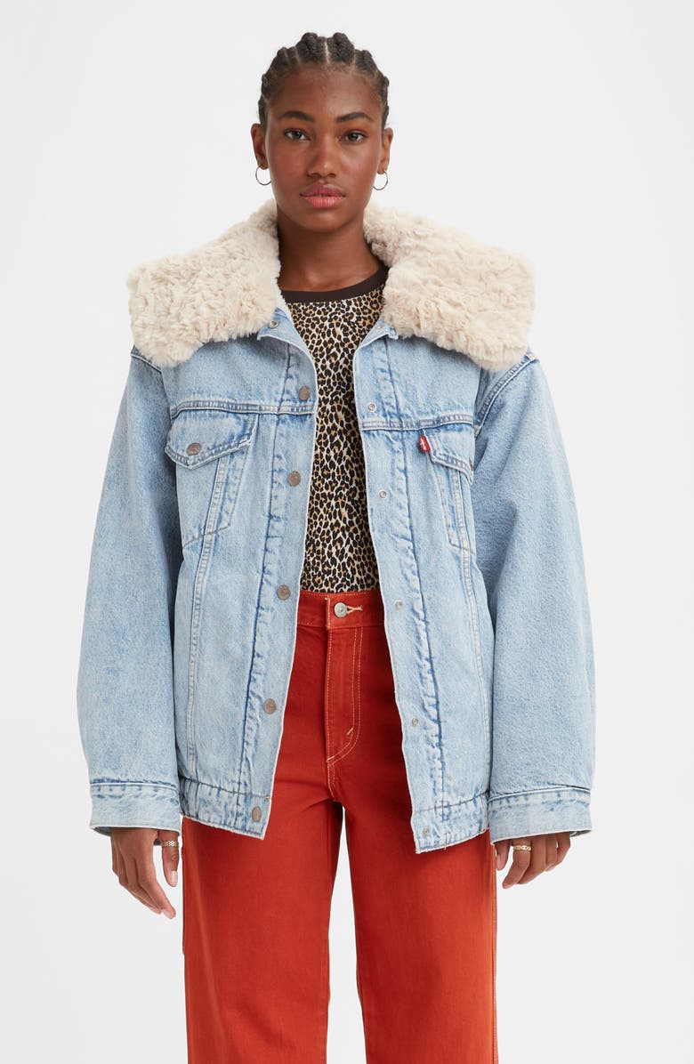 Levi's<sup>®</sup> Oversize Faux Fur Collar Denim Trucker Jacket, Alternate, color, 