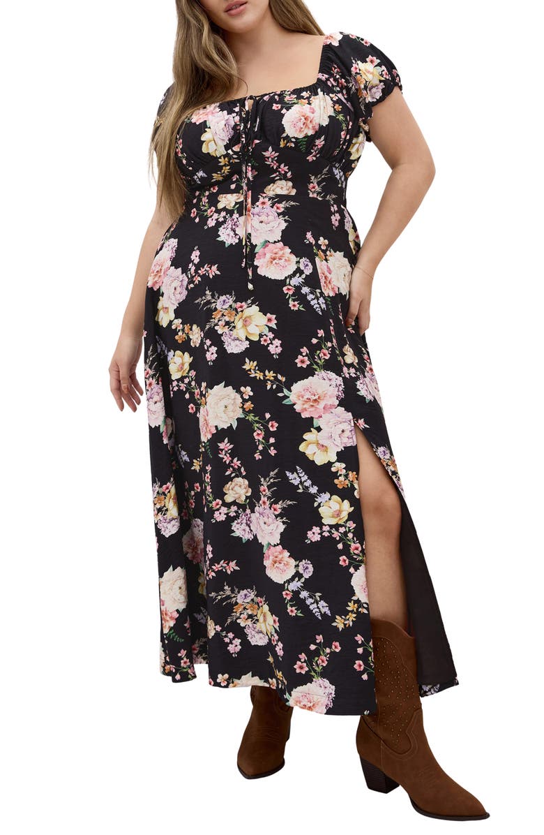 City Chic Abbigail Print Puff Sleeve Maxi Dress, Main, color, Black Flirty Floral