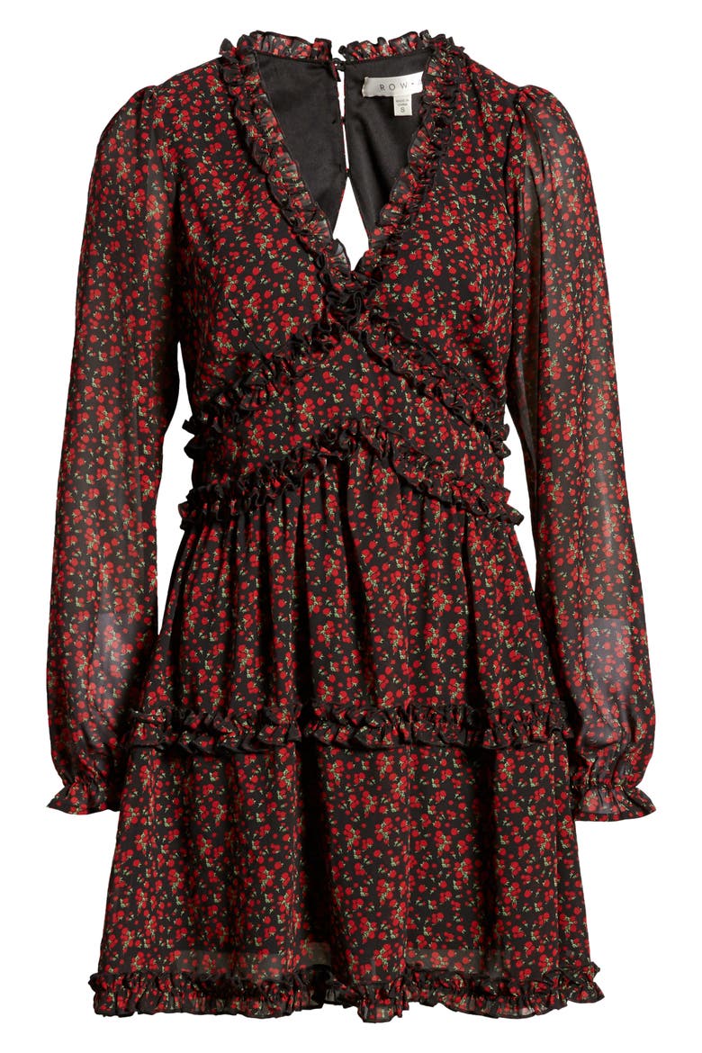 Floral Ruffle Long Sleeve Minidress, Alternate, color, BLACK