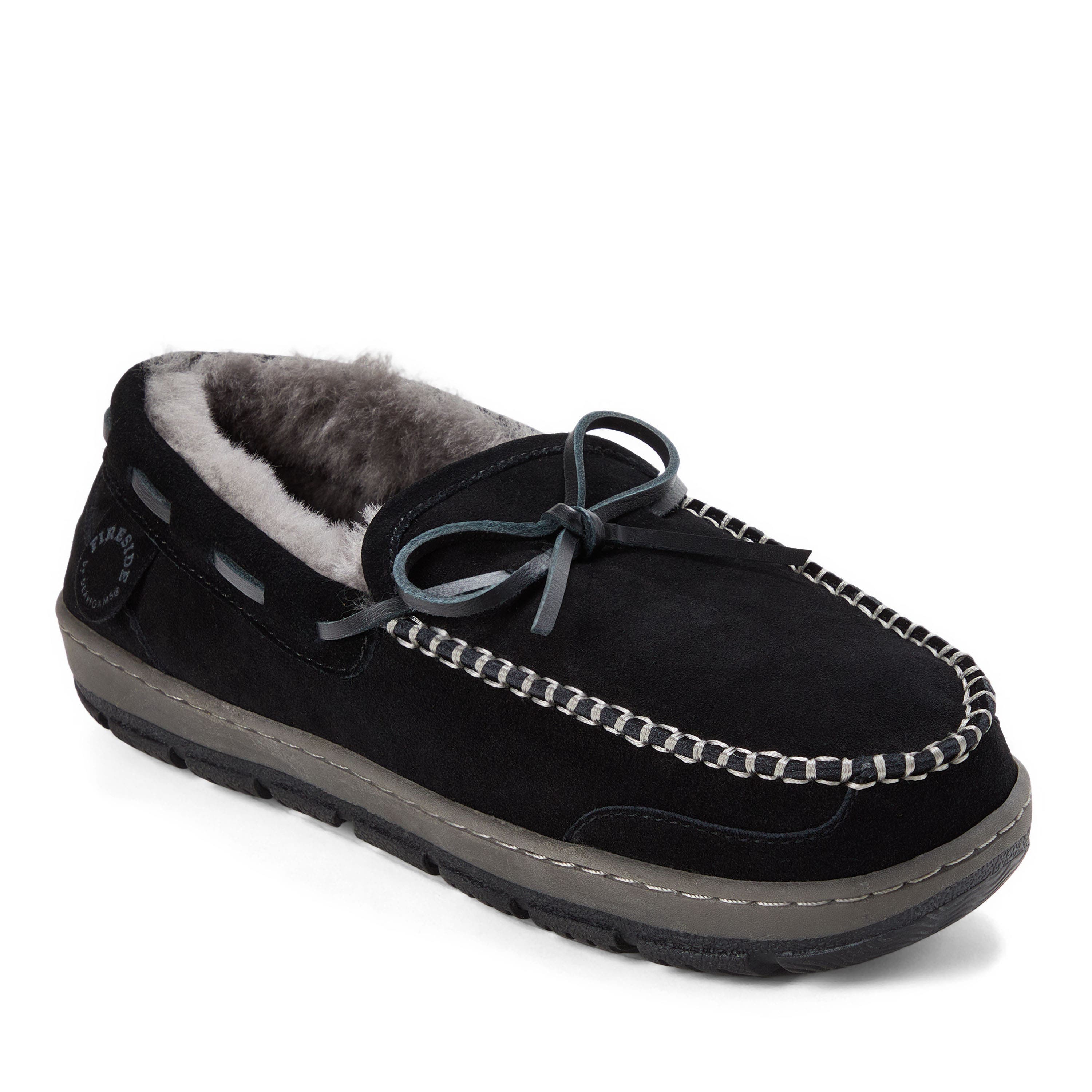 DEARFOAMS Fireside Forster Genuine Shearling Moccasin, Main, color, Black