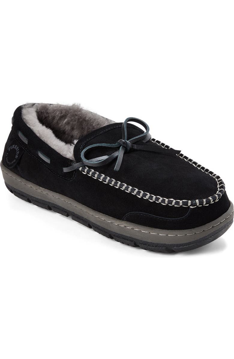 DEARFOAMS Fireside Forster Genuine Shearling Moccasin, Main, color, Black