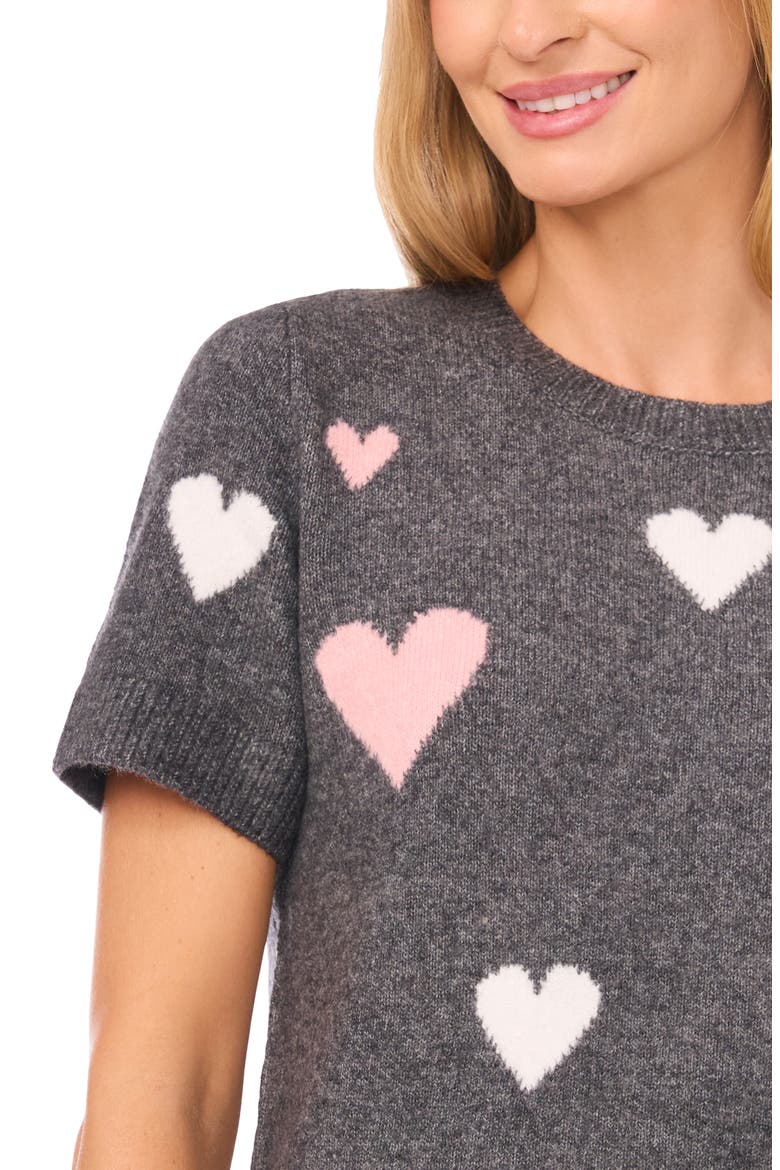 Heart Short Sleeve Crewneck Sweater, Alternate, color, HEATHER GREY