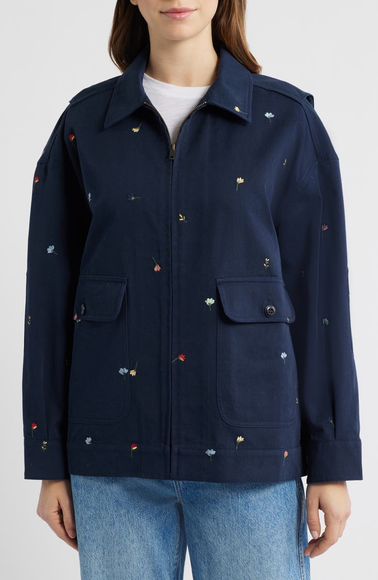 THE GREAT. The Folsom Floral Chore Jacket, Alternate, color, Navy