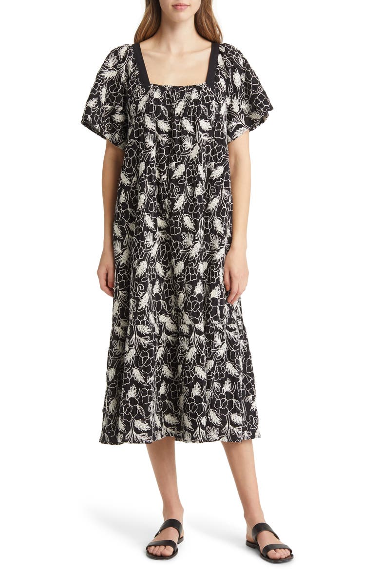 Neia Floral Embroidered Cotton A-Line Dress, Main, color, BLACK