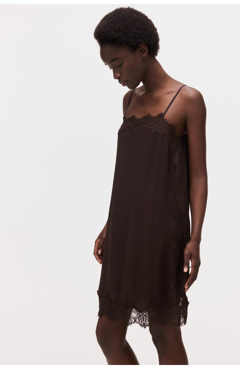 H&M Lace-trimmed viscose dress, Main, color, Dark Brown