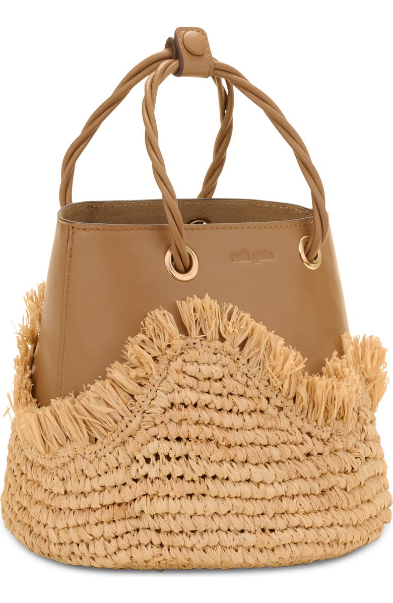 Cult Gaia Jojo Leather & Raffia Top Handle Bag, Alternate, color, Camel