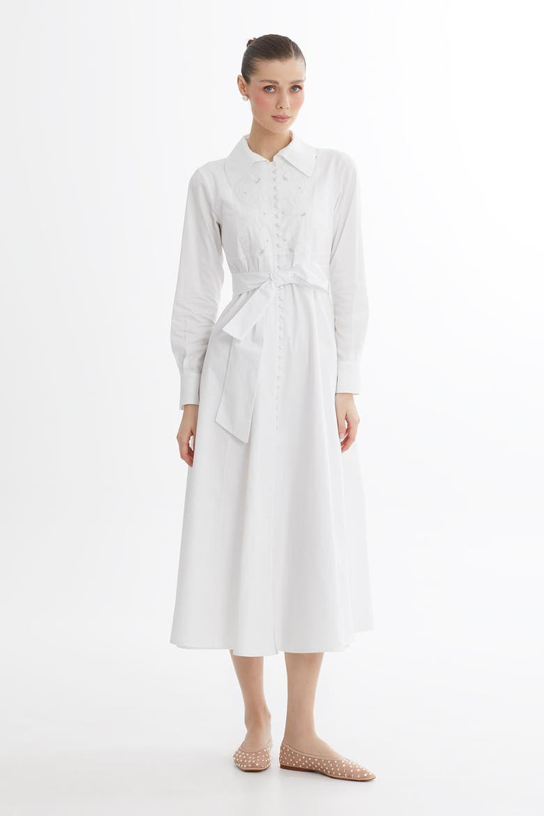 White Embroidered Detail Midi Dress, Main, color, White