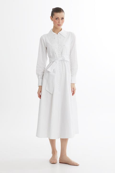 White Embroidered Detail Midi Dress