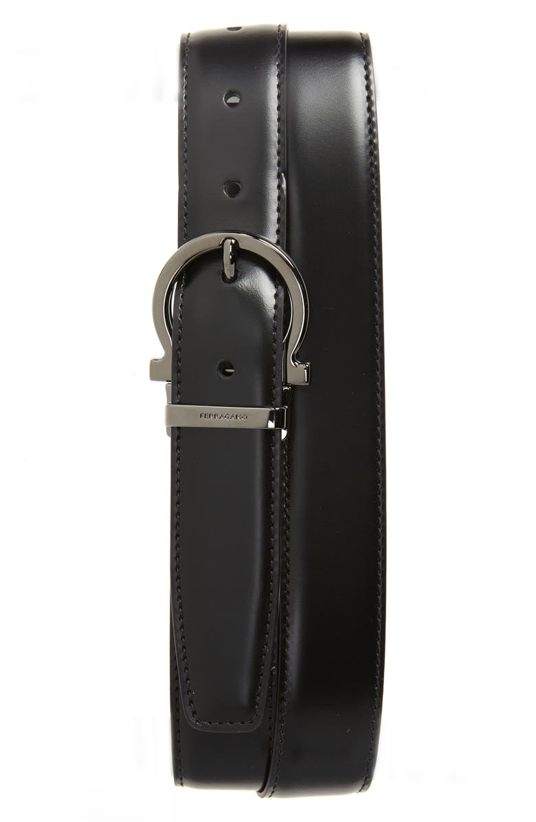 FERRAGAMO Gancio Leather Belt, Alternate, color, Nero Blue Marine