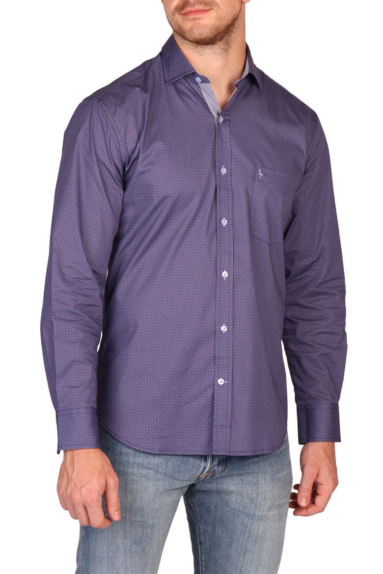 Classic Fit Diamond Medallion Stretch Cotton Button-Down Shirt, Main, color, BLUE