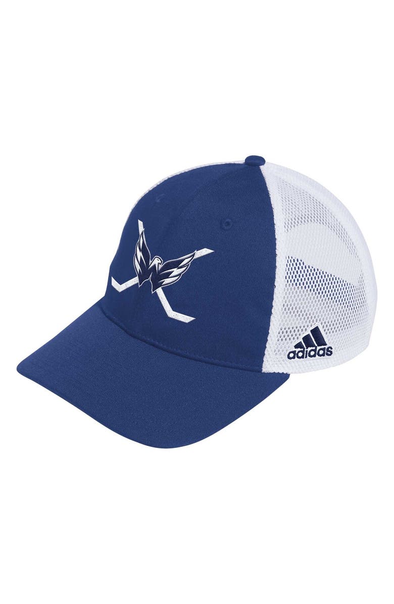 adidas Men's adidas Navy/White Washington Capitals Cross Sticks Trucker Adjustable Hat, Main, color, 