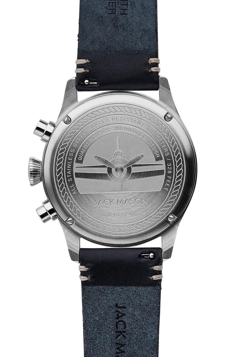 Aviation II Chronograph Leather Strap Watch, 42mm, Alternate, color, NAVY/ NAVY