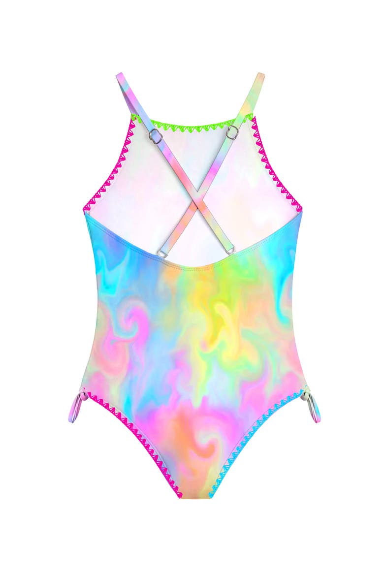 Marble Printed One Piece Swimsuit with Embroidered Trim, Alternate, color, Pink Multi