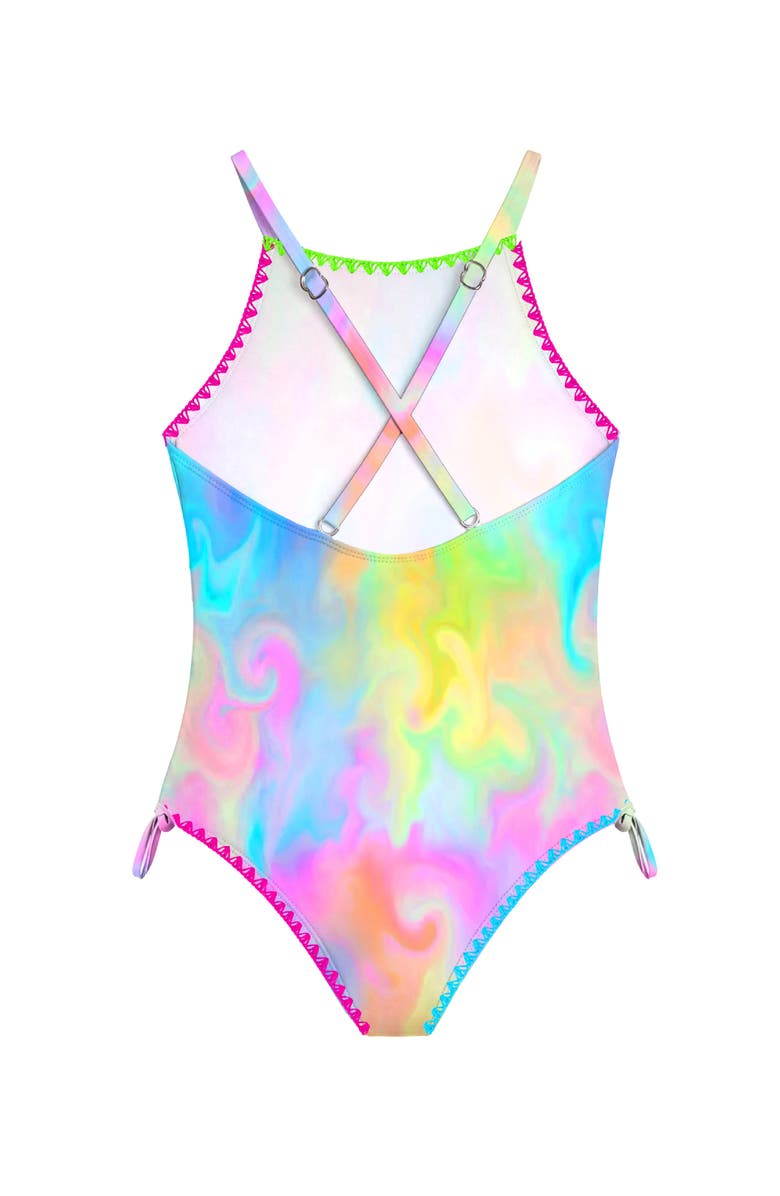 Limeapple Marble Printed One Piece Swimsuit with Embroidered Trim, Alternate, color, Pink Multi