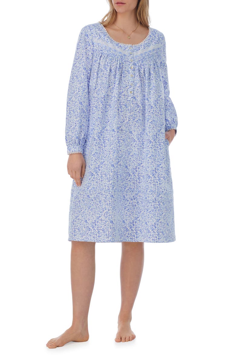 Floral Long Sleeve Cotton Waltz Nightgown, Main, color, WHT BLUE