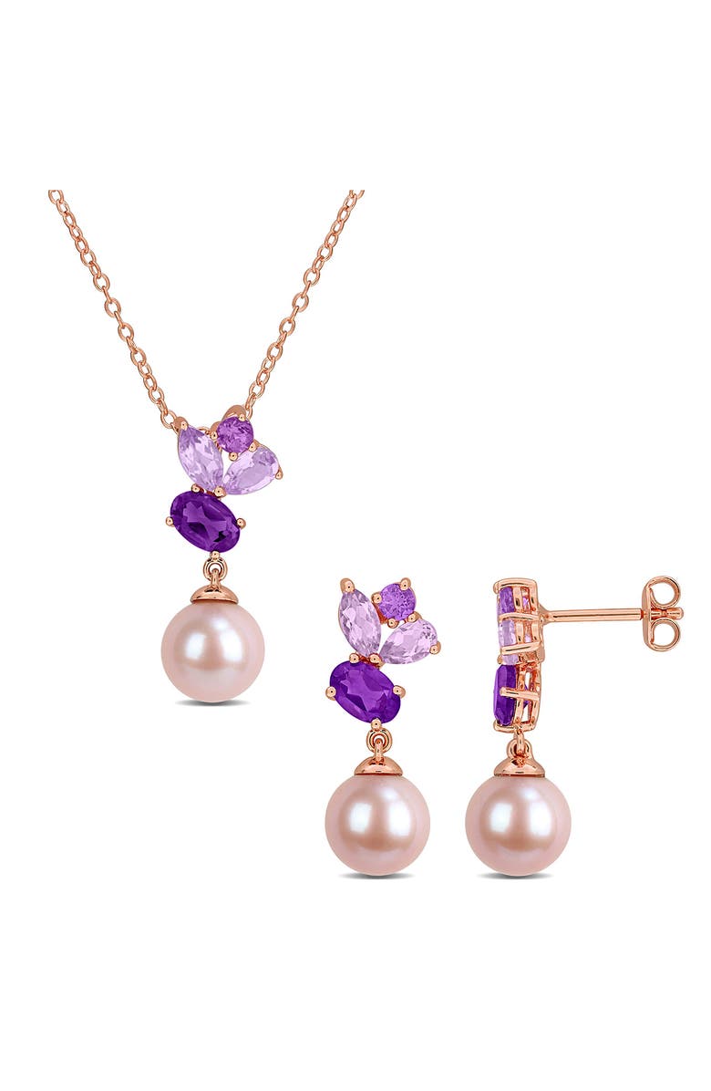DELMAR Amethyst & Pink Cultured Pearl Pendant Necklace & Drop Earrings Set, Main, color, 
