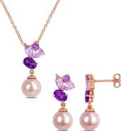 DELMAR Amethyst & Pink Cultured Pearl Pendant Necklace & Drop Earrings Set