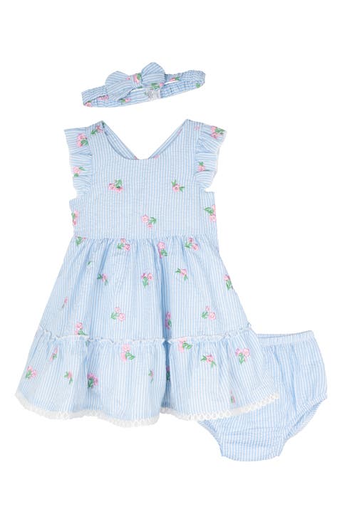 Floral Embroidered Stripe Dress, Bloomers & Headband Set (Baby)