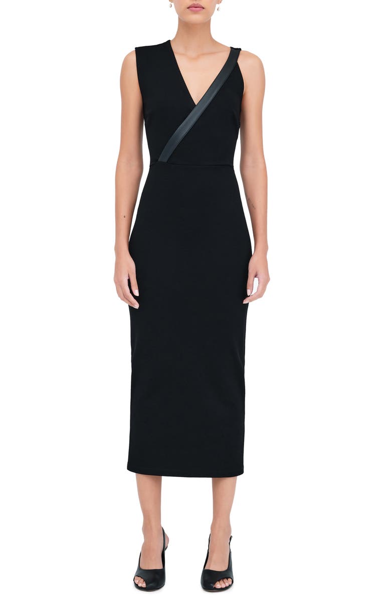 Marcella Carlton Asymmetric Detail Sheath Midi Dress, Main, color, Black