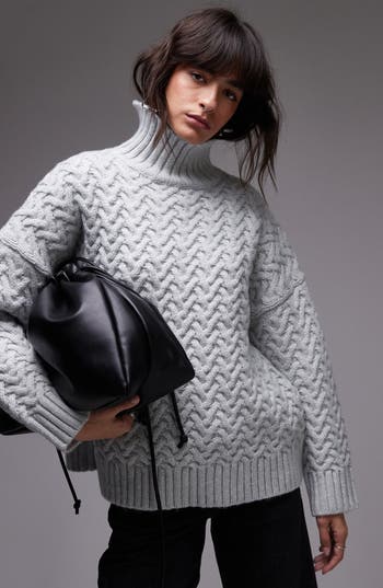 Shop Topshop Oversize Turtleneck Sweater In Light Grey