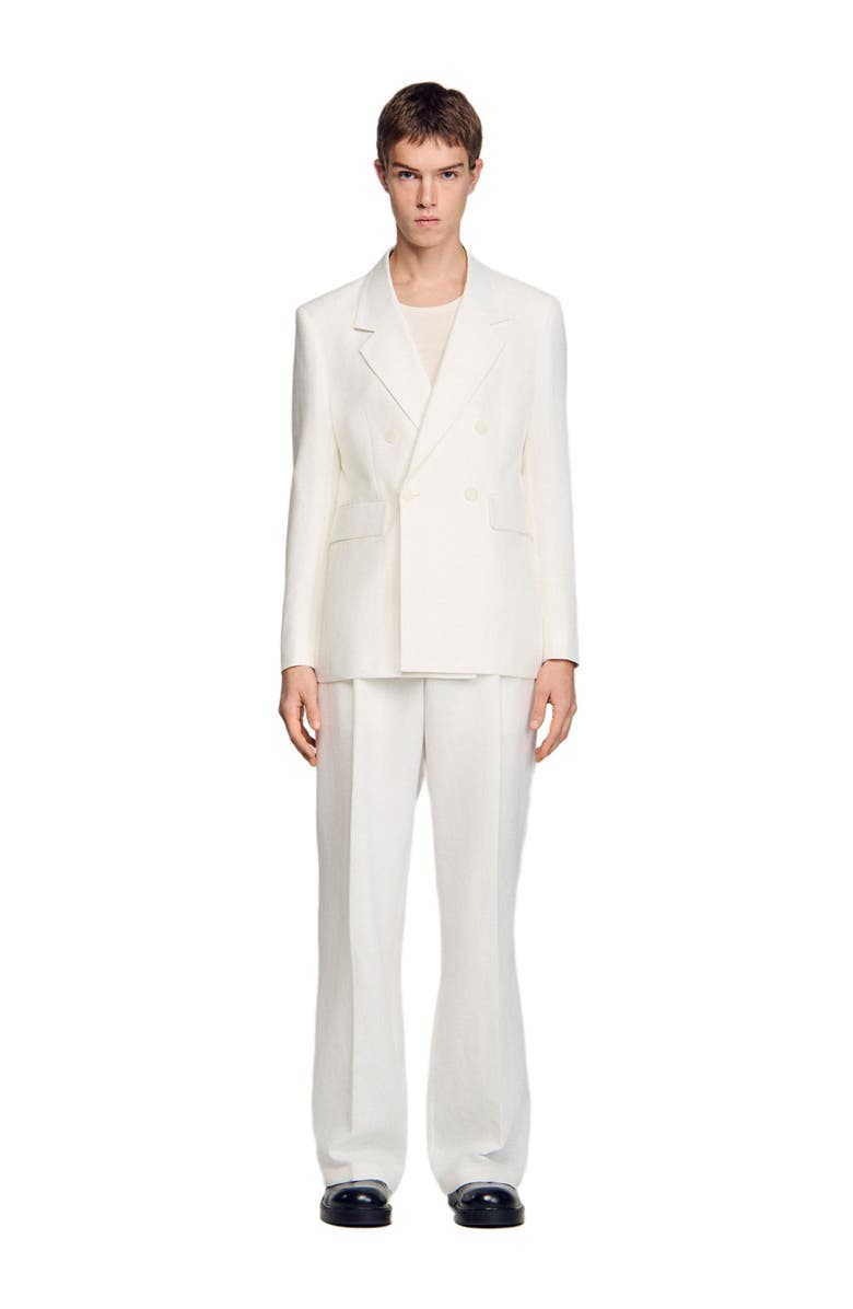 SANDRO Double-breasted linen suit jacket, Alternate, color, White