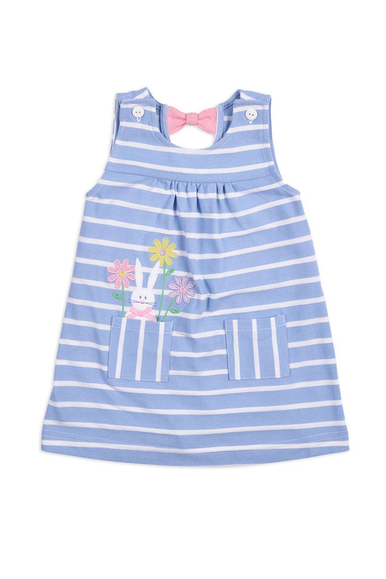 Stripe Knit Dress With Bunny & Flowers, Main, color, Light Blue / White