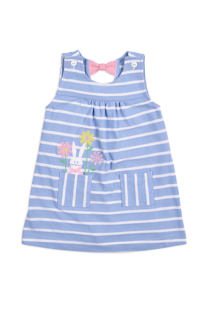 Florence Eiseman Stripe Knit Dress With Bunny & Flowers, Main, color, Light Blue / White