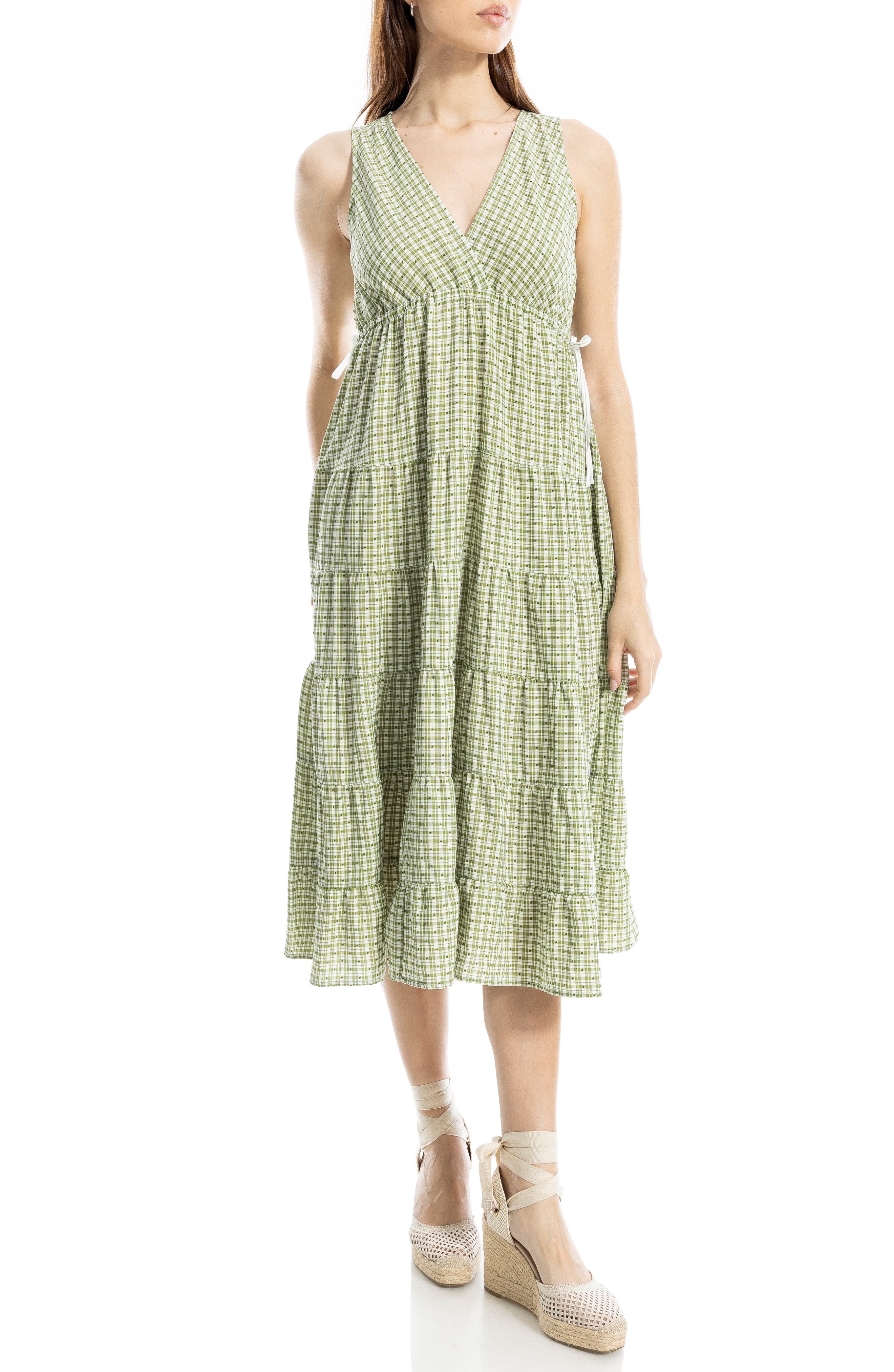 MAX STUDIO Plaid Sleeveless Empire Waist Tiered Midi Dress