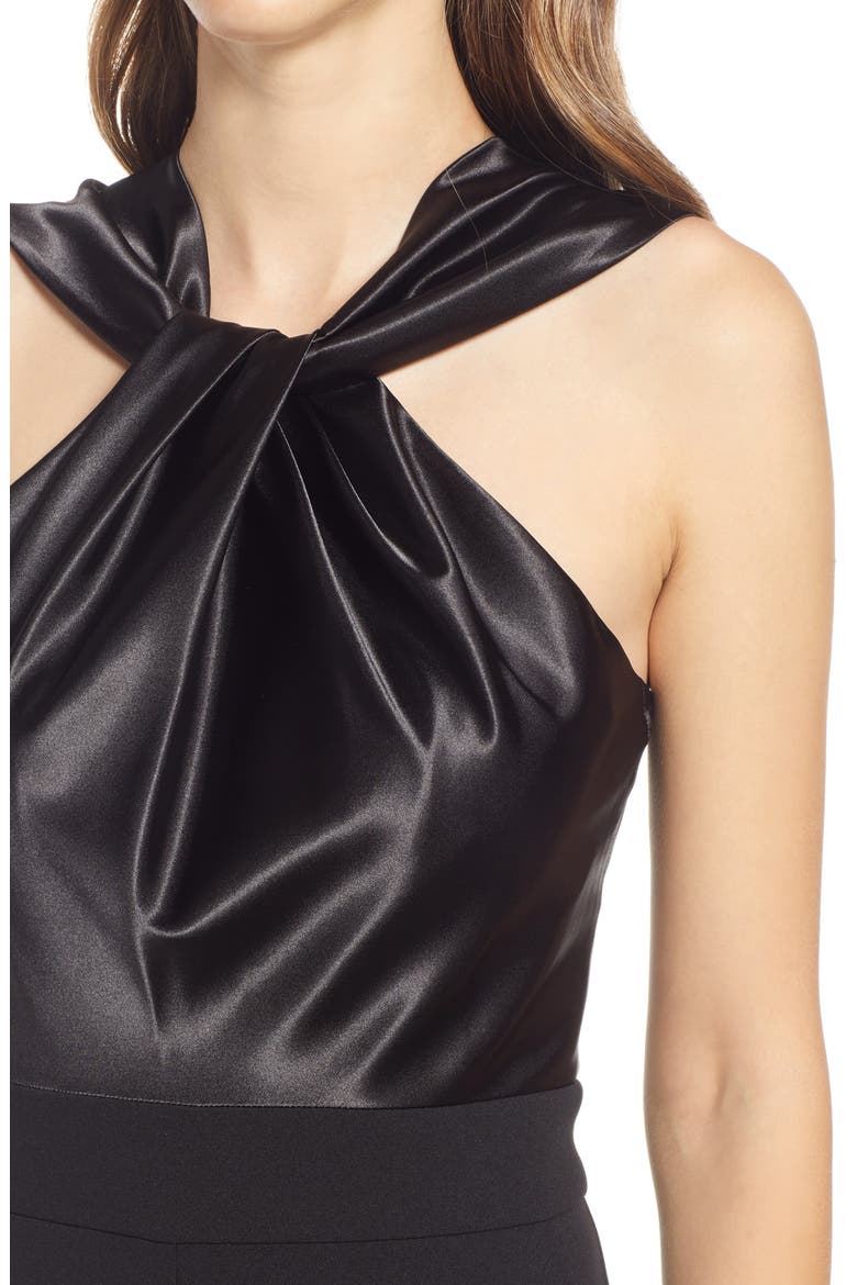 Twist Neck Satin & Crepe Jumpsuit, Alternate, color, BLACK