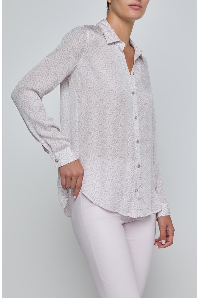 Nina Geo Print Silk Button-Up Shirt, Alternate, color, ICY LILAC LINKED GEO