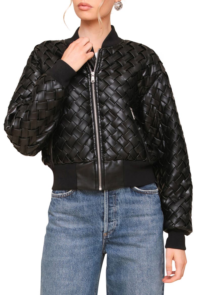 Weave Crop Faux Leather Bomber Jacket, Alternate, color, BLACK