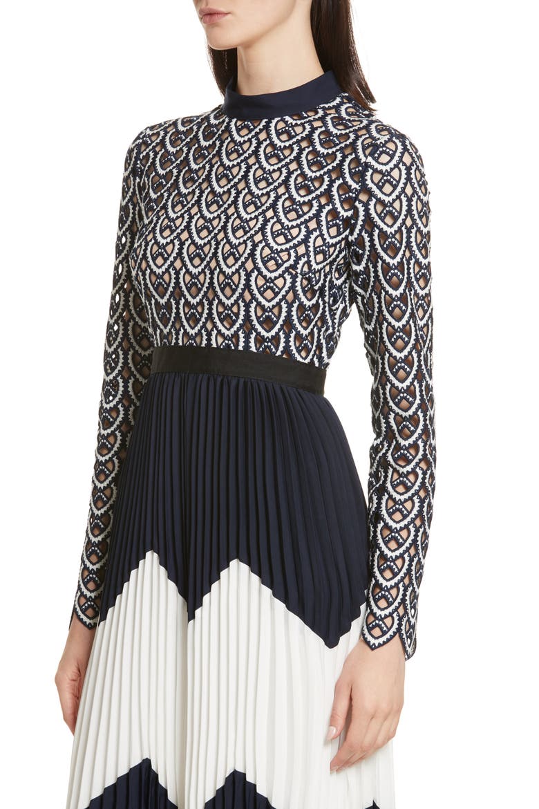 Sweetheart Crochet Pleated Midi Dress, Alternate, color, NAVY/ WHITE