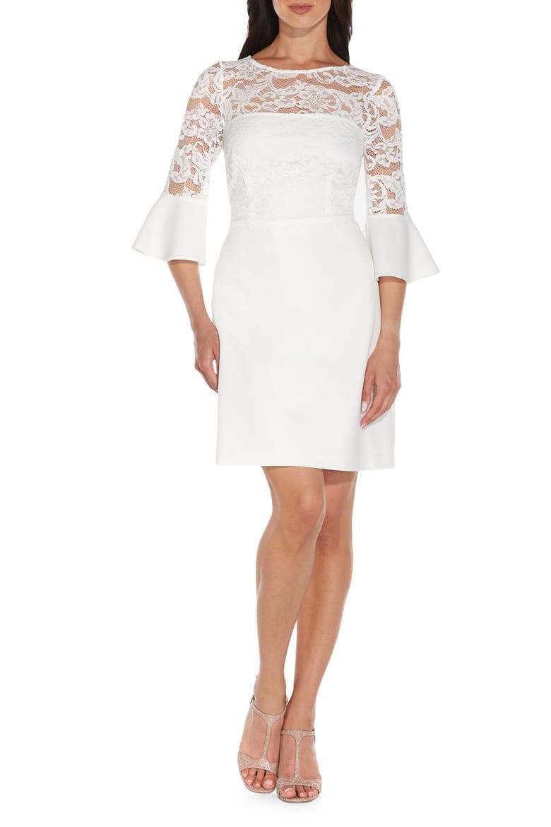 Bell Sleeve Lace & Crepe A-Line Dress, Main, color, IVORY