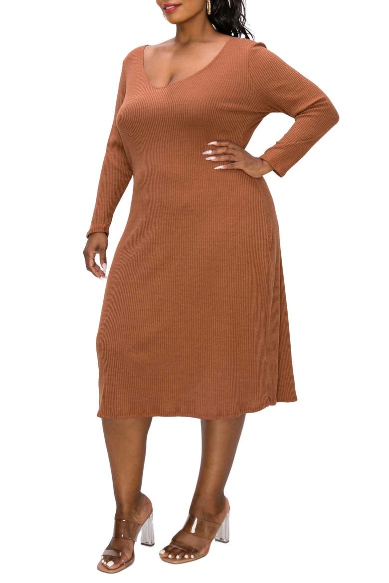 Scoop Neck Long Sleeves Rib Sweater Midi Dress, Alternate, color, CHESTNUT