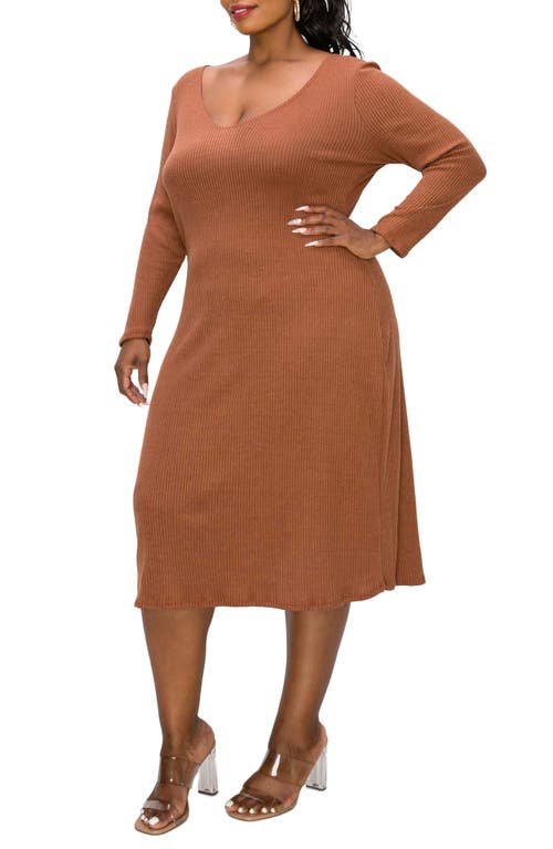 L I V D Scoop Neck Long Sleeves Rib Sweater Midi Dress In Chestnut